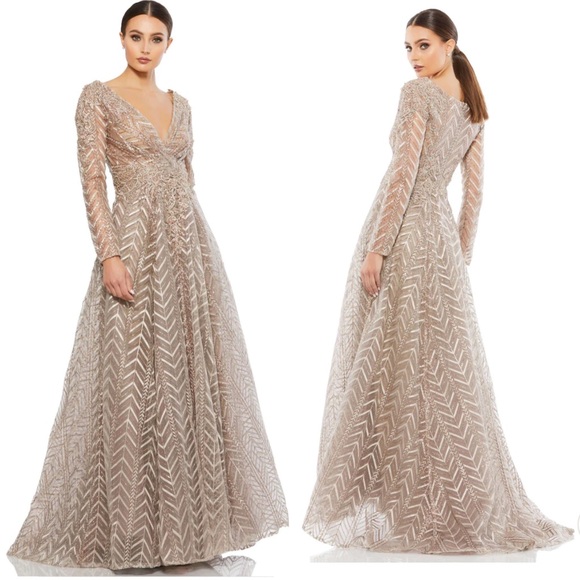 Ieena Mac Duggal - Embellished Illusion Long Sleeve Taupe A-line Gown - Picture 3 of 17